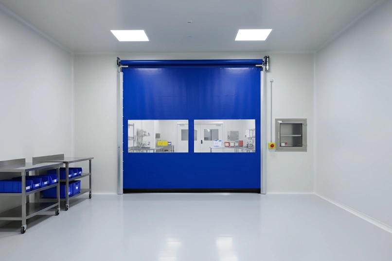 Blue roll up door used for controlled access inside clean room environment