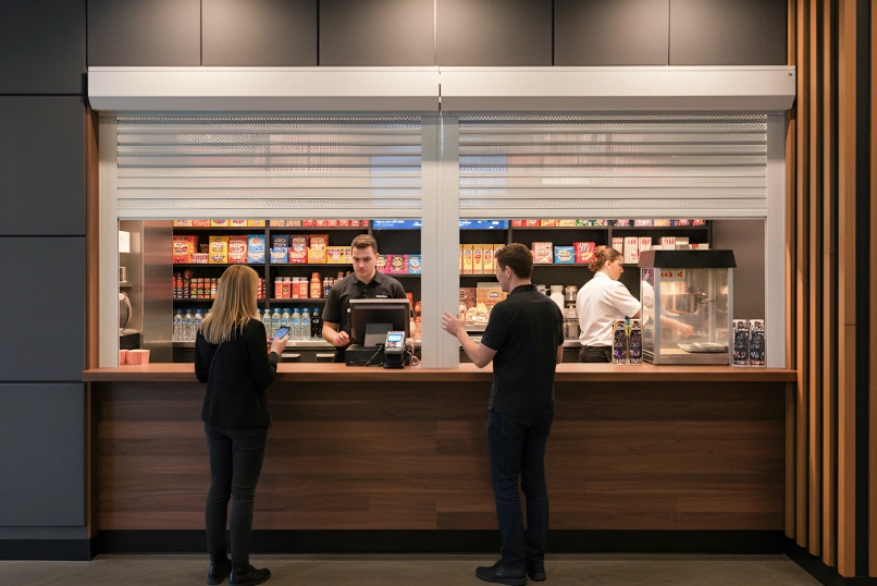 Food service counter using roll-up counter doors during active customer transactions