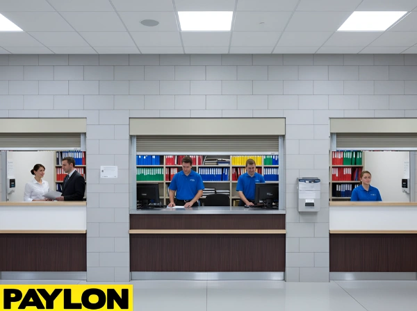 Front-facing roll-up counter door at a venue service window, separating staff workspace from customer area during active service hours