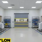 Gray roll-up vinyl door installed in a medical supply room with carts and shelving on both sides