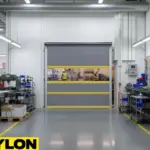 Gray vinyl roll-up door installed in a manufacturing production area to support frequent daily opening and closing