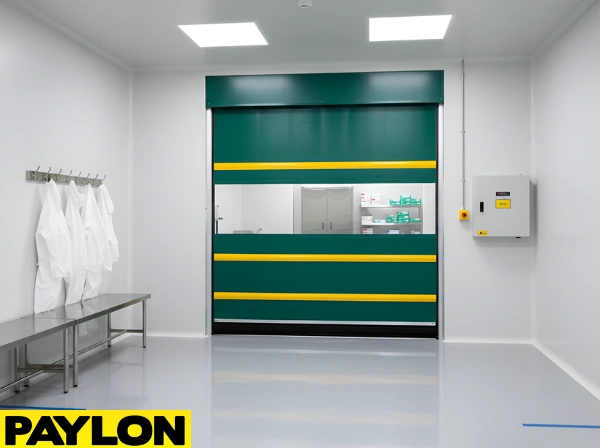 Green roll up door at clean room transition area with gowning space