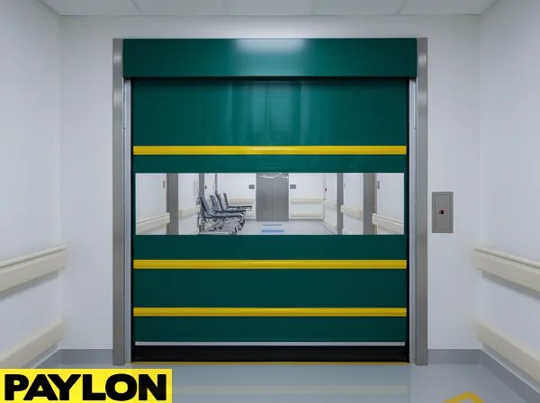 Green roll-up vinyl door installed in a healthcare hallway, maintaining separation while allowing continuous in-and-out activity.