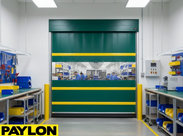 Green vinyl roll-up door separating clean manufacturing workspaces to support controlled access and room separation