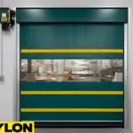 Green vinyl roll-up door with yellow horizontal stripes installed over a temperature-controlled storage area with palletized wine boxes.