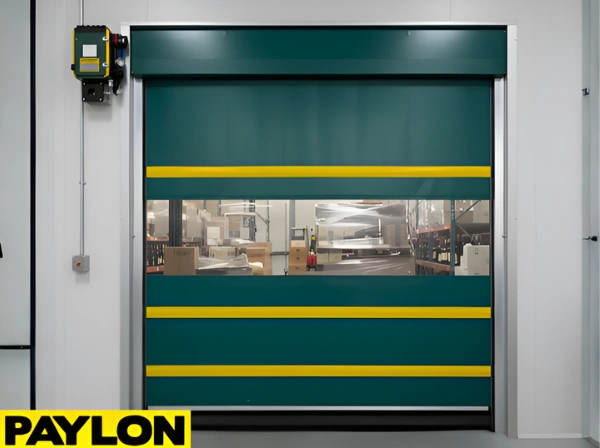 Green vinyl roll-up door with yellow horizontal stripes installed over a temperature-controlled storage area with palletized wine boxes.