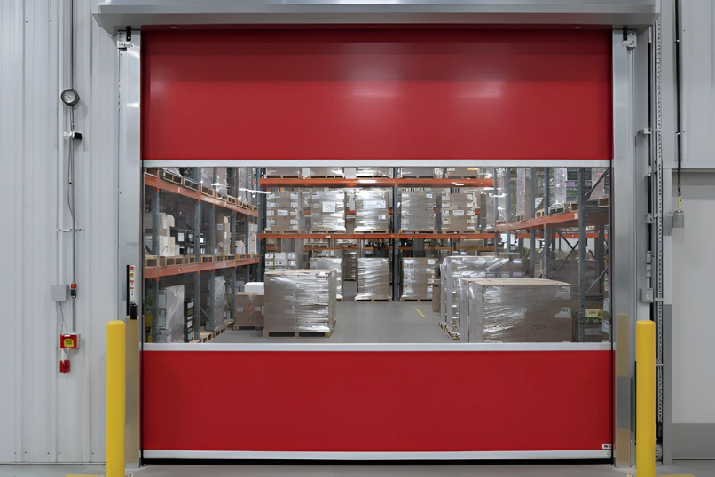 High-speed red vinyl roll-up door separating pallets of wine and inventory in a climate-controlled warehouse.