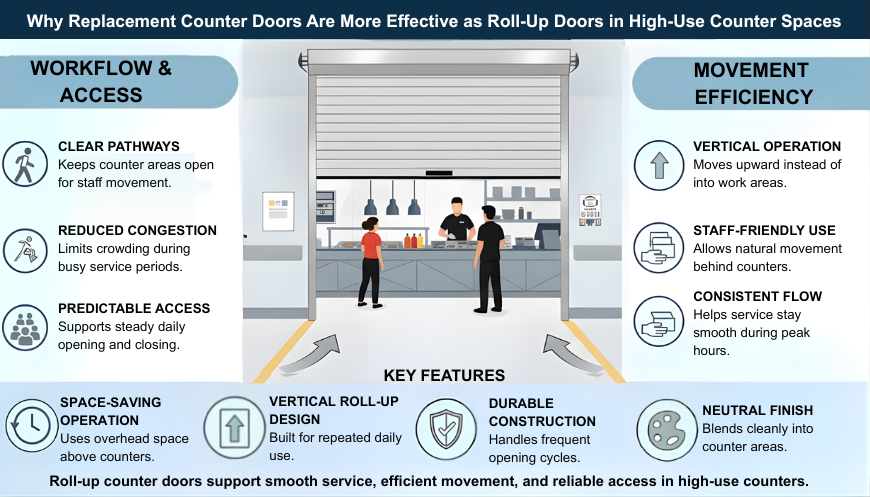 Infographic illustrating roll-up counter doors in high-use service areas, showing vertical operation, reduced congestion, and efficient staff movement behind counters.
