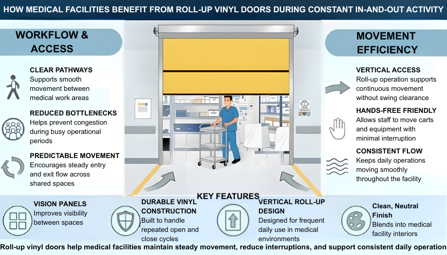 Infographic showing a roll-up vinyl door in a medical facility, with staff moving equipment through a central access point and callouts