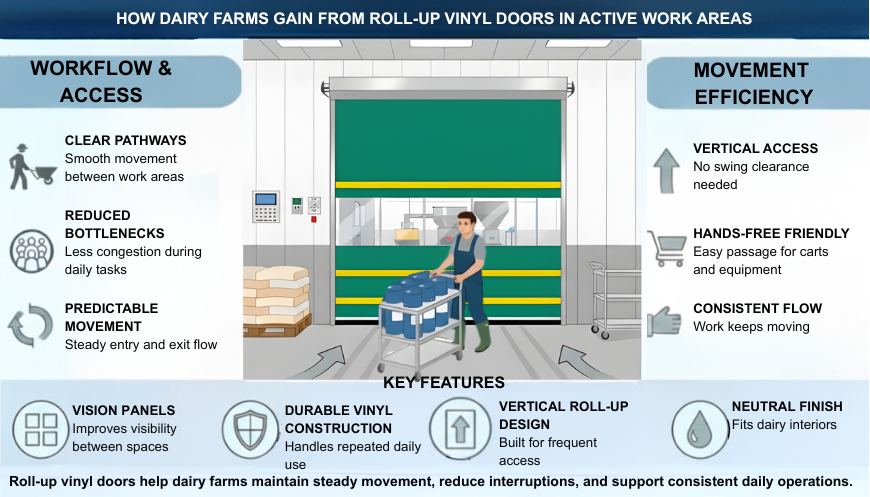 Infographic showing how dairy farms use roll-up vinyl doors to support steady movement, improve workflow access, and maintain consistent daily operations in active work areas.