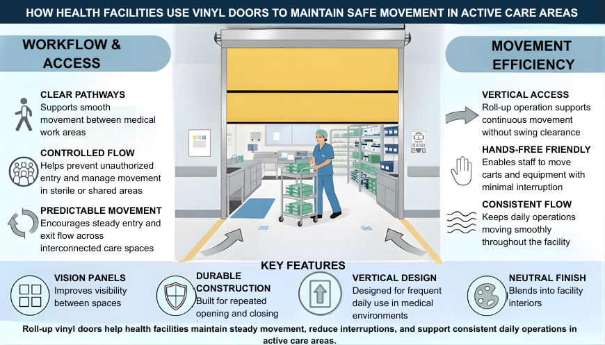 Infographic showing how health facilities use roll-up vinyl doors to maintain safe movement in active care areas