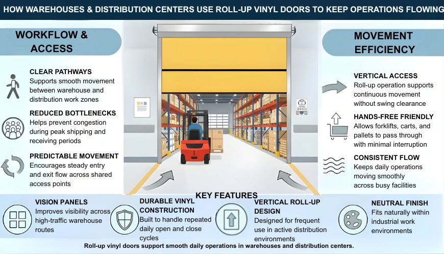 Infographic showing how roll-up vinyl doors help warehouses and distribution centers maintain smooth operations