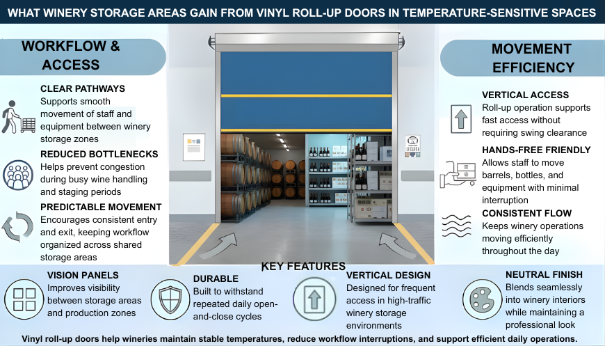 Infographic showing how vinyl roll-up doors improve workflow, movement efficiency, and temperature control in winery storage areas