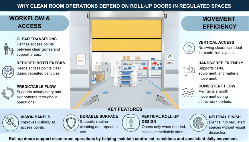 Infographic showing roll-up door use in a regulated clean room environment, highlighting controlled access, predictable movement, and vertical roll-up operation between clean zones.
