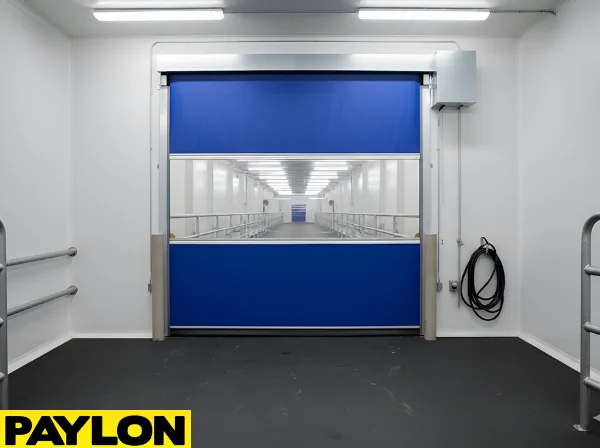 Interior dairy farm passage using a roll-up vinyl door to manage steady daily movement between work areas