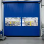Interior roll-up vinyl door connecting warehouse work areas with frequent employee and equipment traffic
