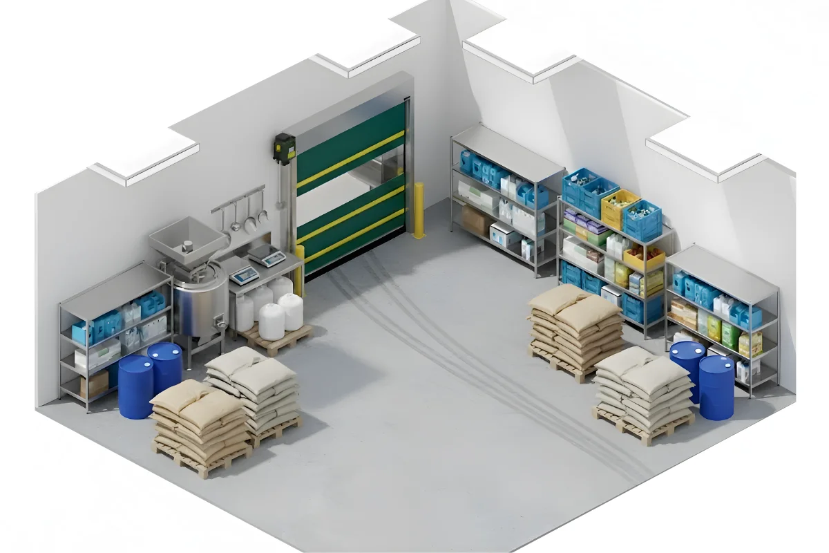 Isometric view of a dairy farm work area using a roll-up vinyl door for organized access and separation