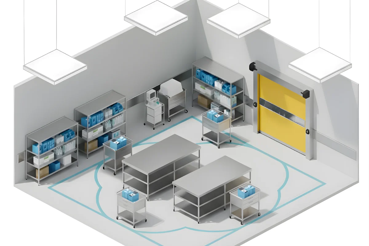 Isometric view of a healthcare supply room showing roll-up vinyl door placement for controlled access and movement flow