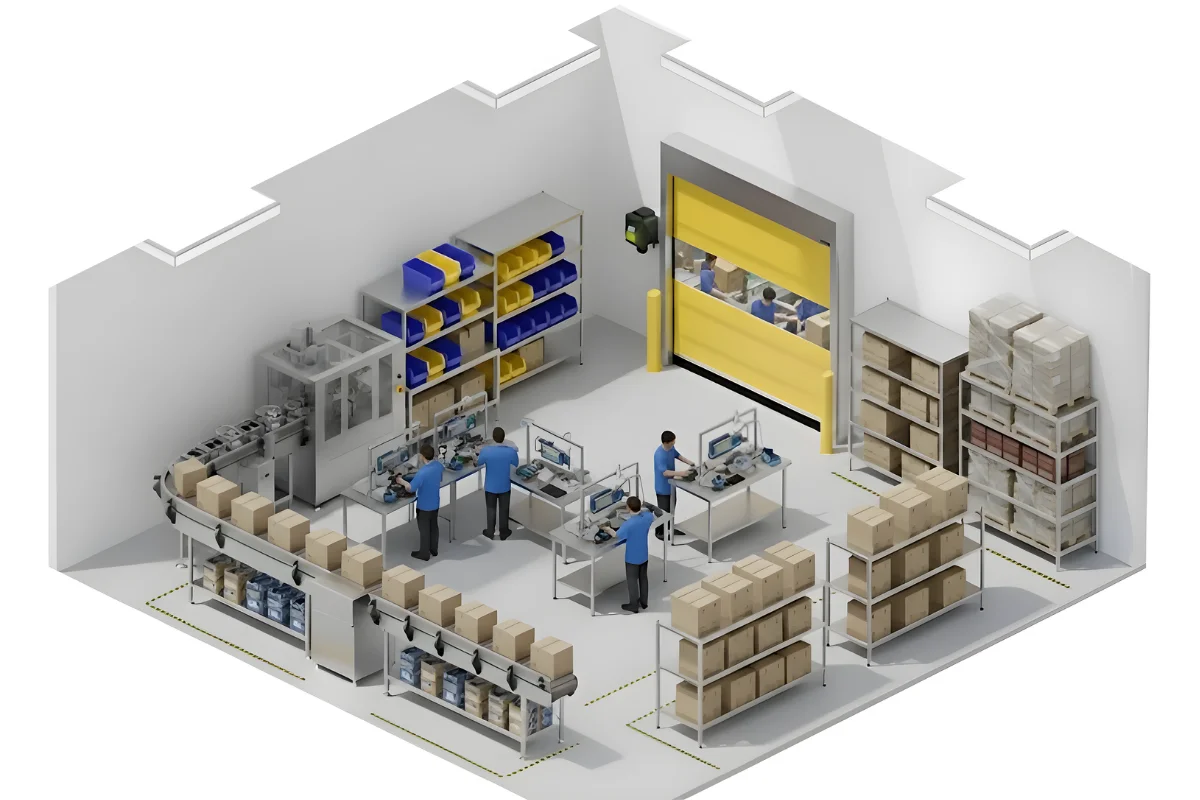 Isometric view of a manufacturing room using a vinyl roll-up door to separate work areas while maintaining efficient movement
