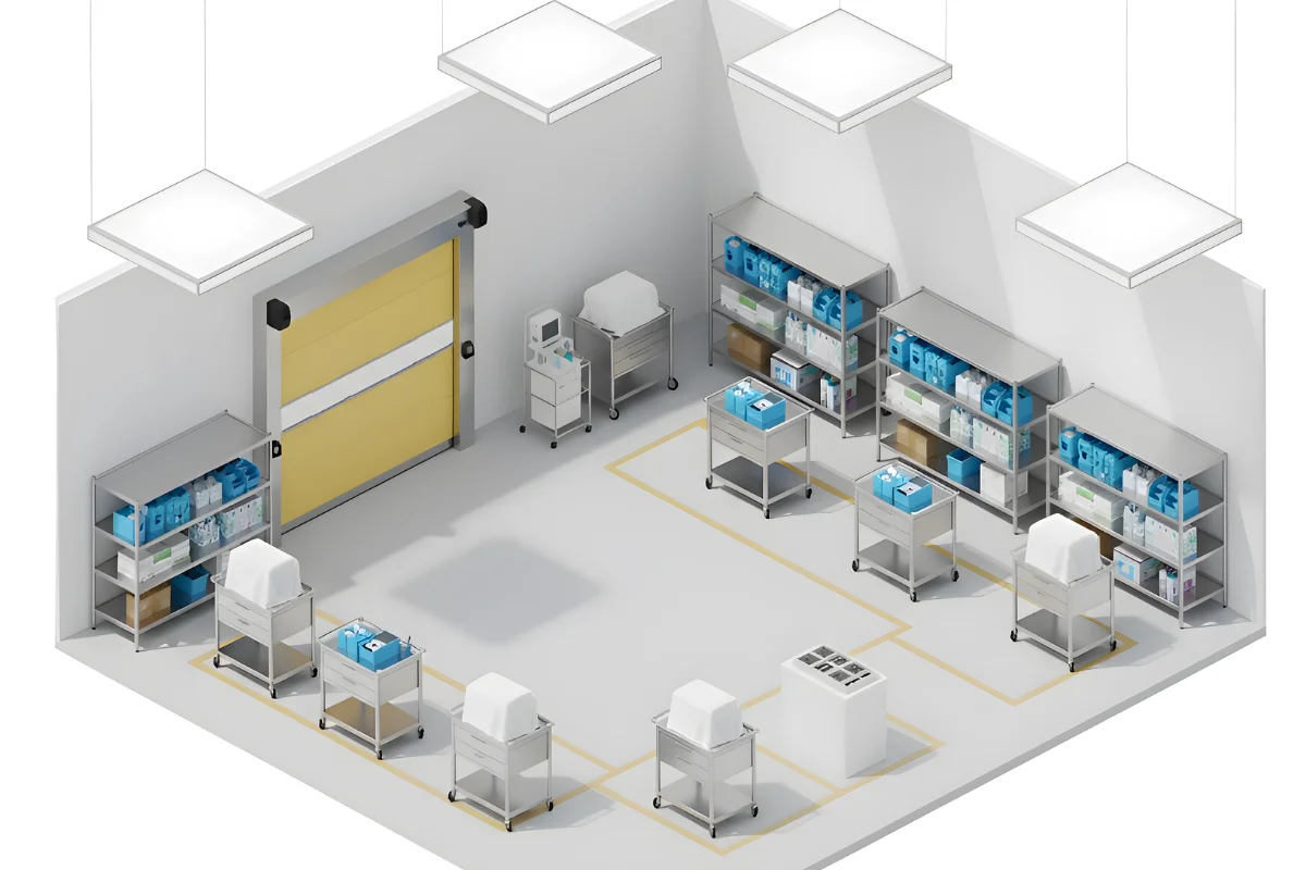 Isometric view of a medical supply room with roll-up vinyl door and organized equipment stations