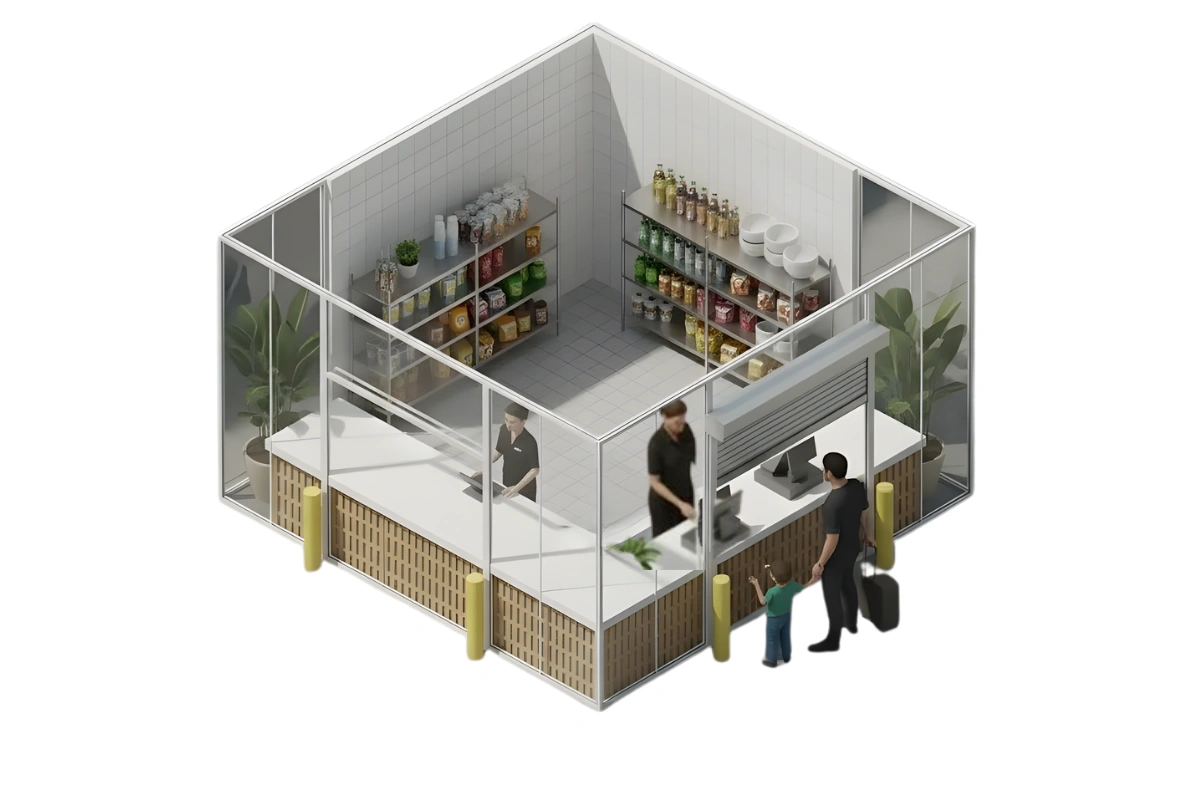 Isometric view of a service counter layout using a roll-up counter door for controlled access