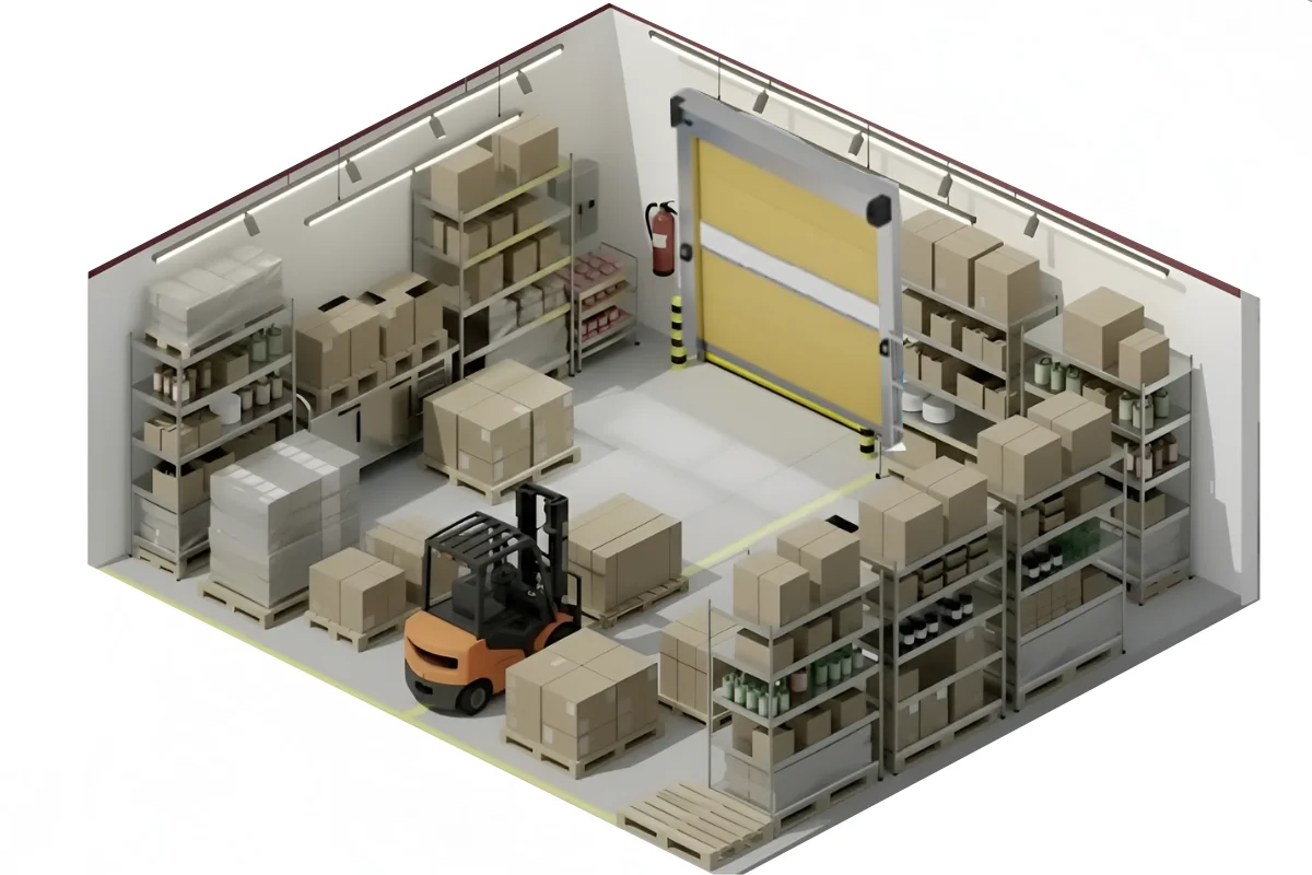 Isometric view of a warehouse storage room using a roll-up vinyl door for forklift access and organized product movement