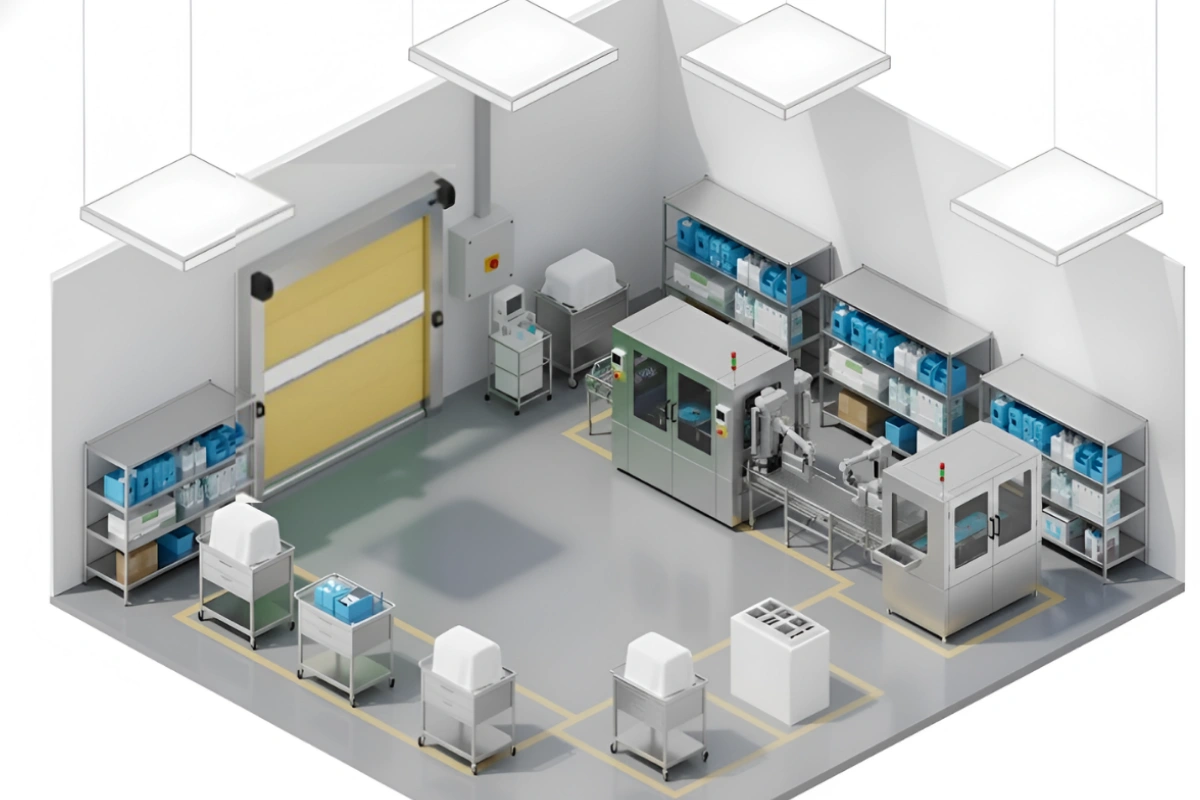Isometric view of clean room layout with roll up door and controlled work zones