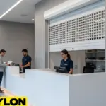 Modern reception counter featuring a roll-up counter door for controlled daily access