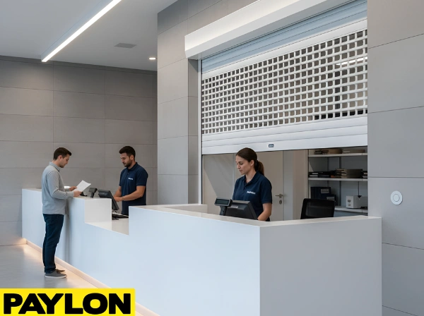 Modern reception counter featuring a roll-up counter door for controlled daily access