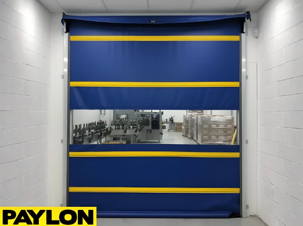 Motorized blue vinyl roll-up door with yellow stripes separating storage and production areas in a winery facility.