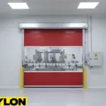 Red roll up door separating clean room production area from adjacent space