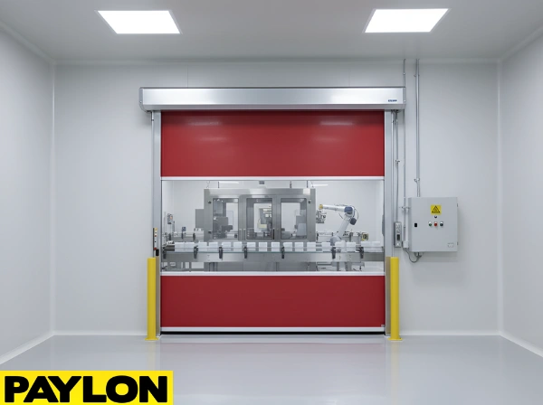 Red roll up door separating clean room production area from adjacent space