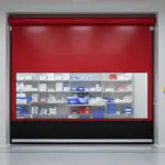 Red roll up door separating clean room storage and controlled access area