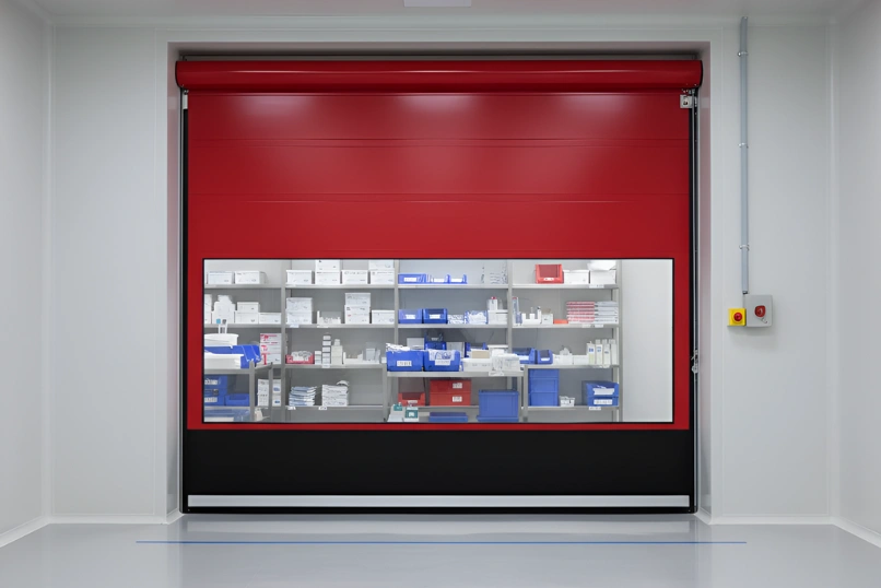 Red roll up door separating clean room storage and controlled access area