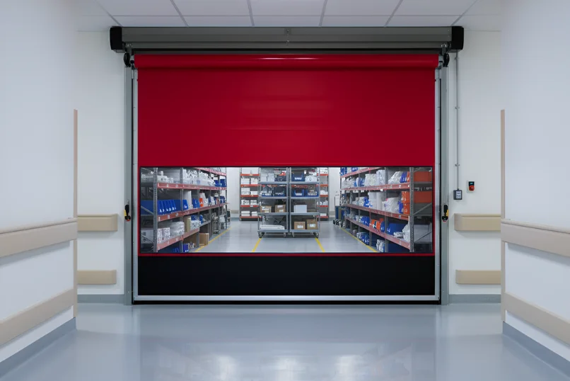 Red roll-up vinyl door installed in a healthcare service corridor, separating supply carts and support areas while allowing safe movement.