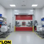 Red roll-up vinyl door separating medical back-of-house areas with frequent staff movement