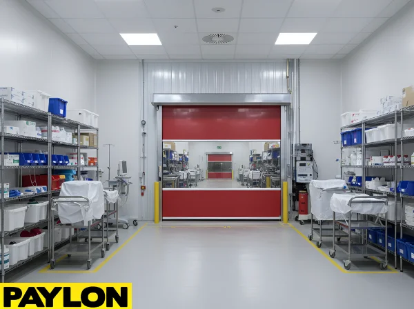 Red roll-up vinyl door separating medical back-of-house areas with frequent staff movement