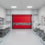 Red roll-up vinyl door used in a hospital corridor for controlled staff and equipment access
