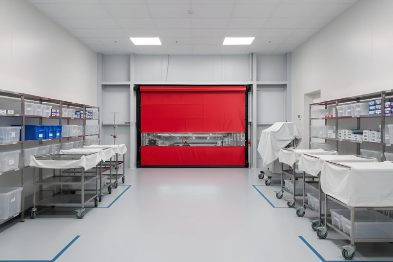 Red roll-up vinyl door used in a hospital corridor for controlled staff and equipment access