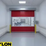 Red roll-up vinyl door with clear vision panel in a healthcare transport corridor, supporting safe passage of beds and equipment.