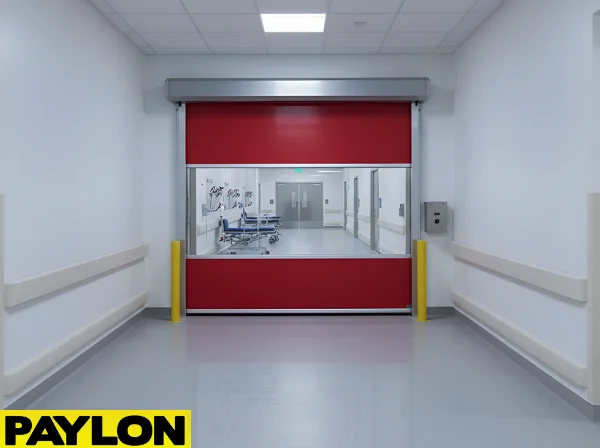 Red roll-up vinyl door with clear vision panel in a healthcare transport corridor, supporting safe passage of beds and equipment.