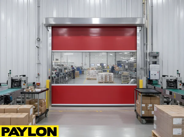 Red vinyl roll-up door dividing packaging and processing areas inside a manufacturing facility