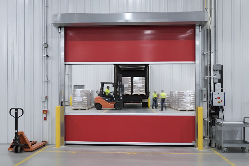 Red vinyl roll-up door separating machining and assembly areas inside a manufacturing room to support controlled workflow