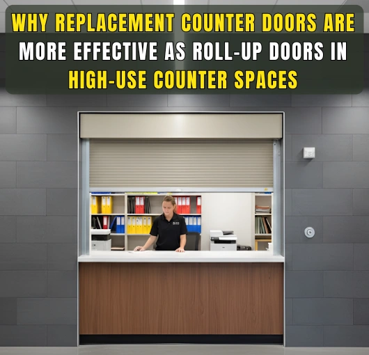 Replacement roll-up counter door installed at a high-use service counter in a commercial interior