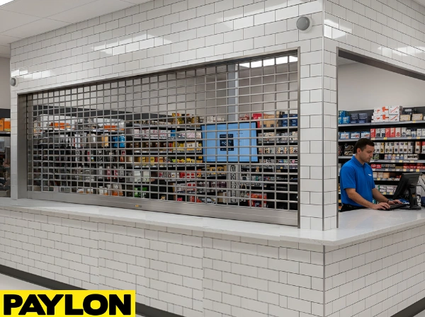 Retail service counter with a metal roll-up counter door separating staff workspace from customer area