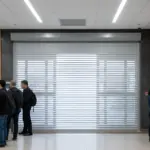 Roll-up counter door installed at a secure service counter in a public building with people waiting nearby