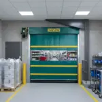 Roll-up vinyl door installed at a medical supply storage area with shelving and palletized supplies