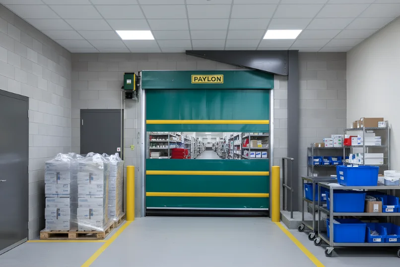 Roll-up vinyl door installed at a medical supply storage area with shelving and palletized supplies