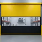 Roll-up vinyl door installed between warehouse aisles allowing forklift traffic and clear visibility
