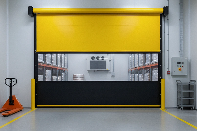 Roll-up vinyl door installed between warehouse aisles allowing forklift traffic and clear visibility